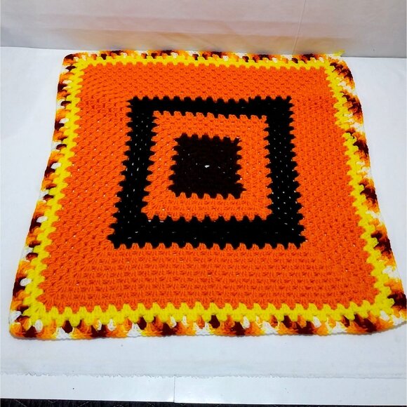 Handmade Crochet Granny Square Afghan Orange & Black Crotchet Throw Blanket - Picture 1 of 6